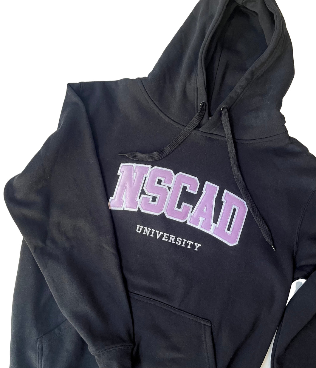 NSCAD Pullover Hoodie - Black with Lavender Twill + Embroidery